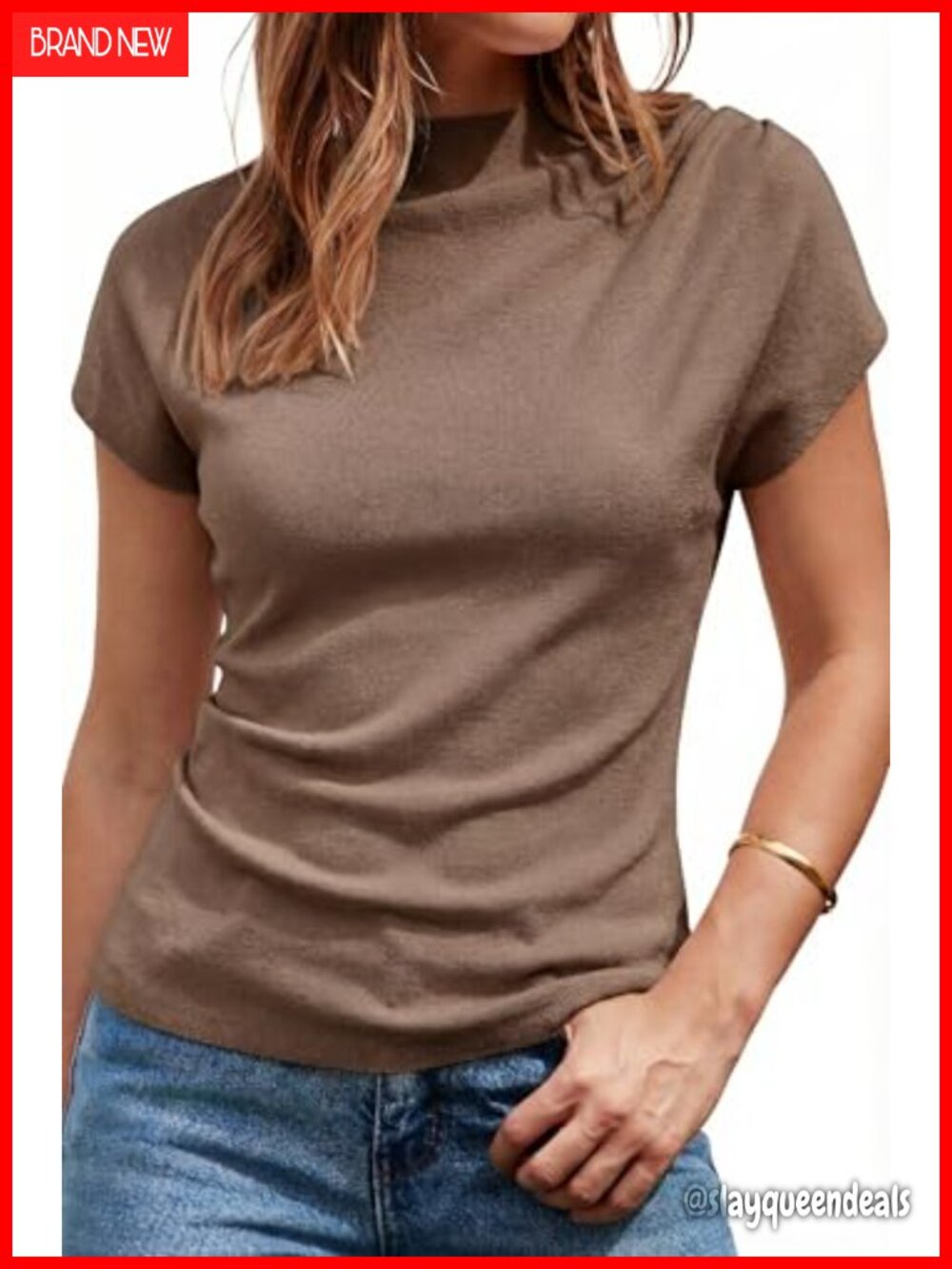 Women's Ruched Summer Top Mock Neck Cap Sleeve Slim Fit Blouse